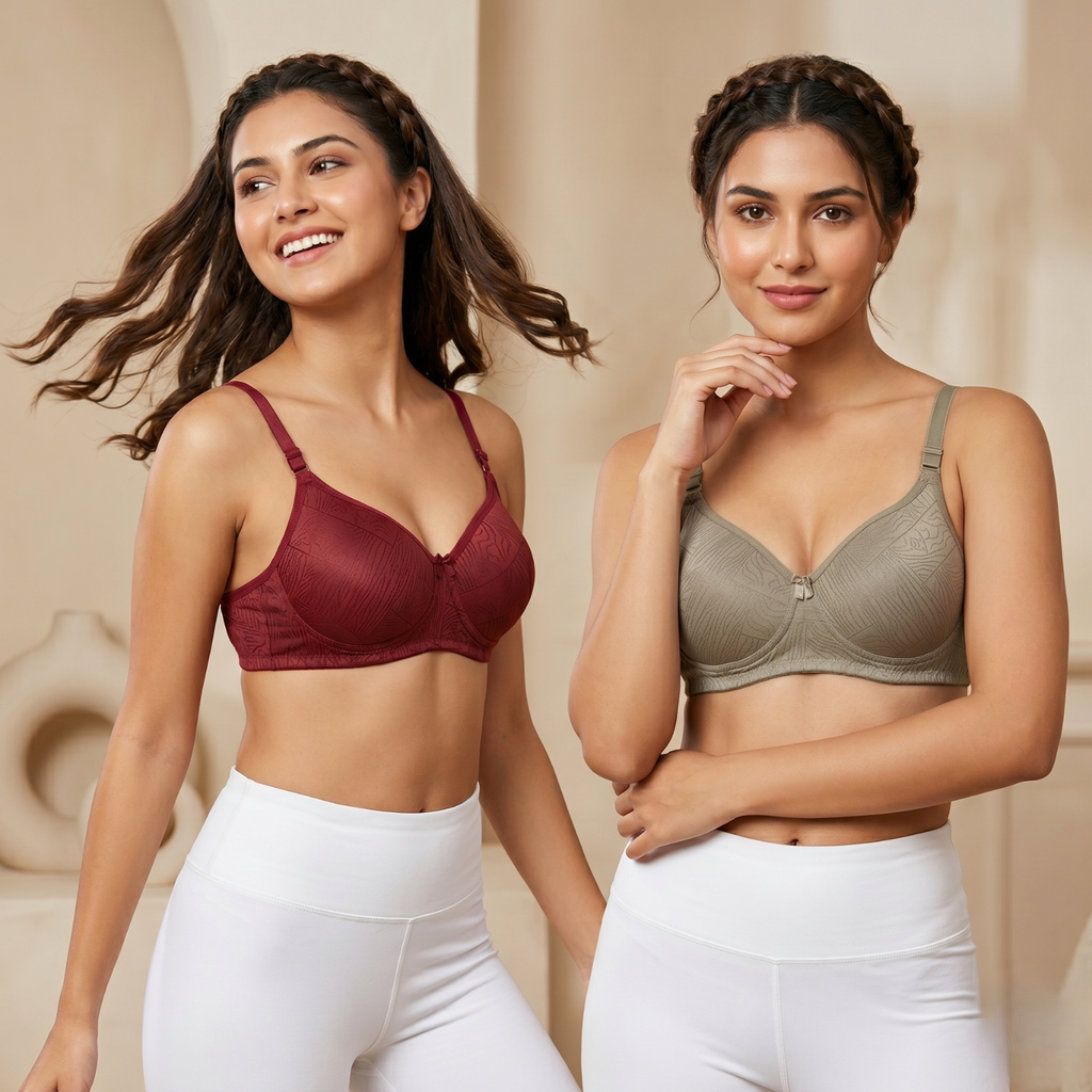 Elen Vosky Padded Bra for Women (Pack of 2) | Push-Up Seamless Adjustable Shoulder Bra | Comfortable Everyday Wear | Lightly Lined Wireless Support | Soft Breathable Lingerie