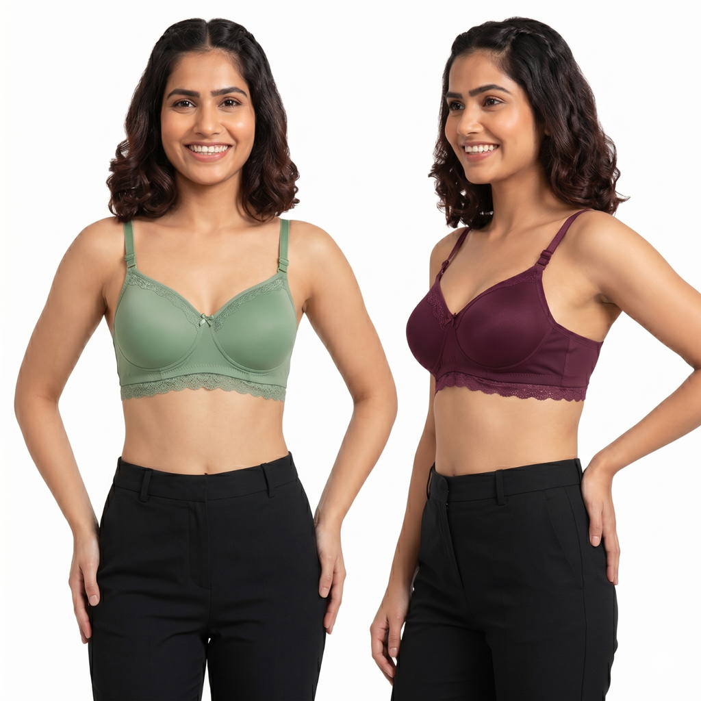 Elen Vosky Lace Design Bra for Women(Pack of 2) | Seamless Padded Bra with Lace Bottom Band | Wireless T-Shirt Bra | Comfortable Everyday Wear | Breathable Cotton Lycra Fabric