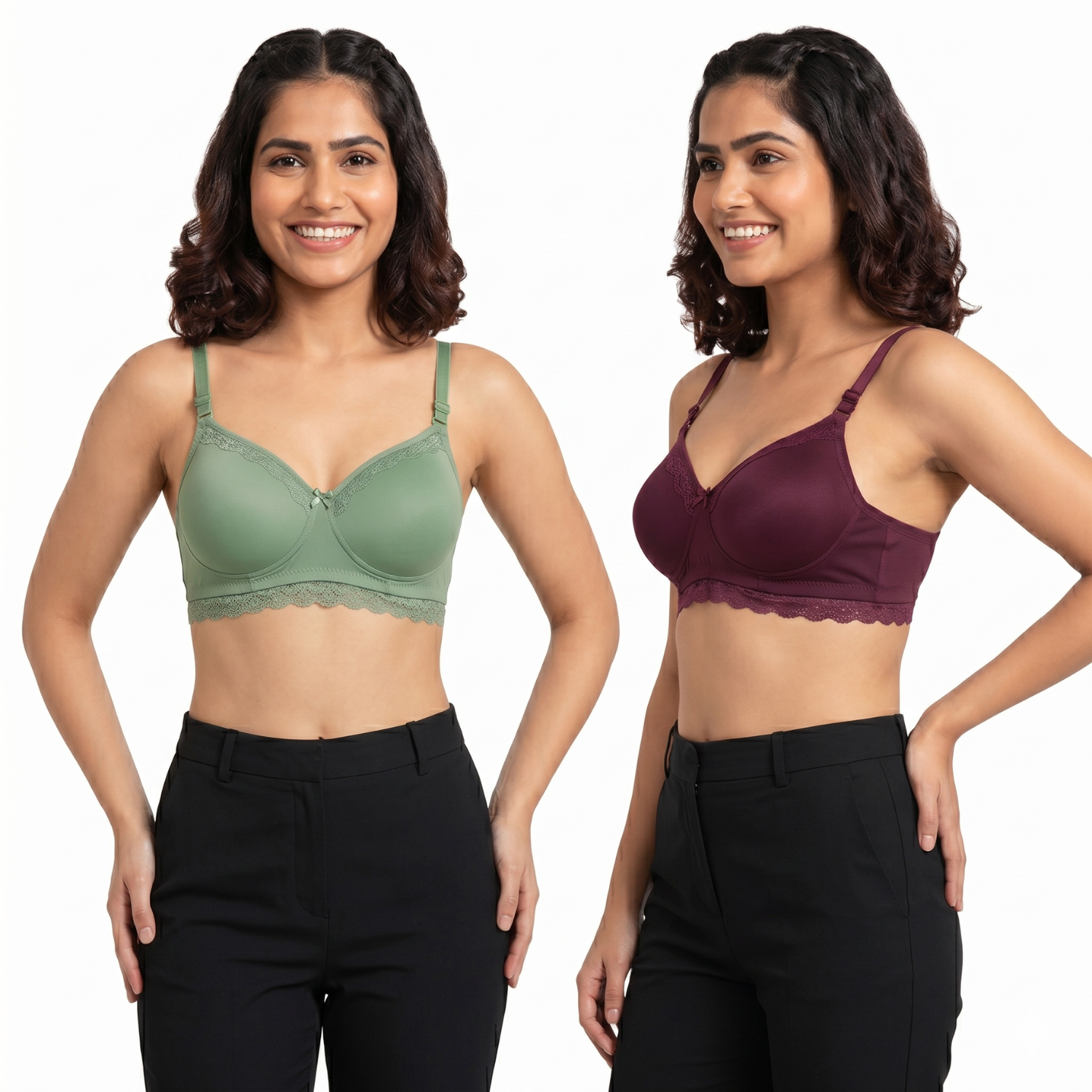 Elen Vosky Lace Design Bra for Women(Pack of 2) | Seamless Padded Bra with Lace Bottom Band | Wireless T-Shirt Bra | Comfortable Everyday Wear | Breathable Cotton Lycra Fabric