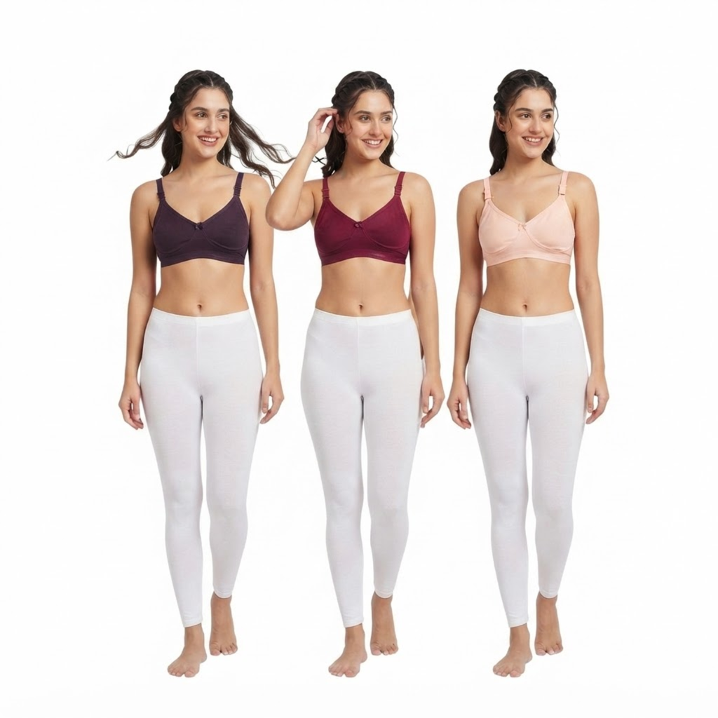 Elen Vosky Non-Padded Bra for Women (Pack of 3) | Seamless Wireless | 3-Hook Back Closure | Adjustable Shoulder Straps | Breathable Cotton Fabric | Everyday Wear