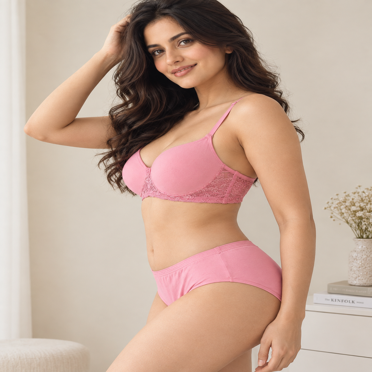 Elen Vosky Women’s Lingerie Set | Panty Set with Strappy Detailing | Breathable Cotton Lycra Fabric | Seamless Padded Bra with Lace Bottom Band