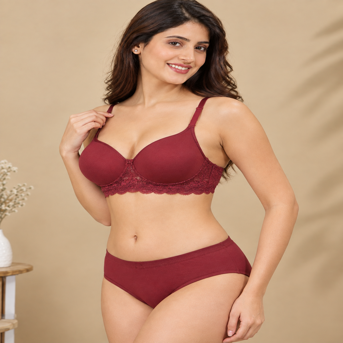 Elen Vosky Women’s Lingerie Set | Panty Set with Strappy Detailing | Breathable Cotton Lycra Fabric | Seamless Padded Bra with Lace Bottom Band