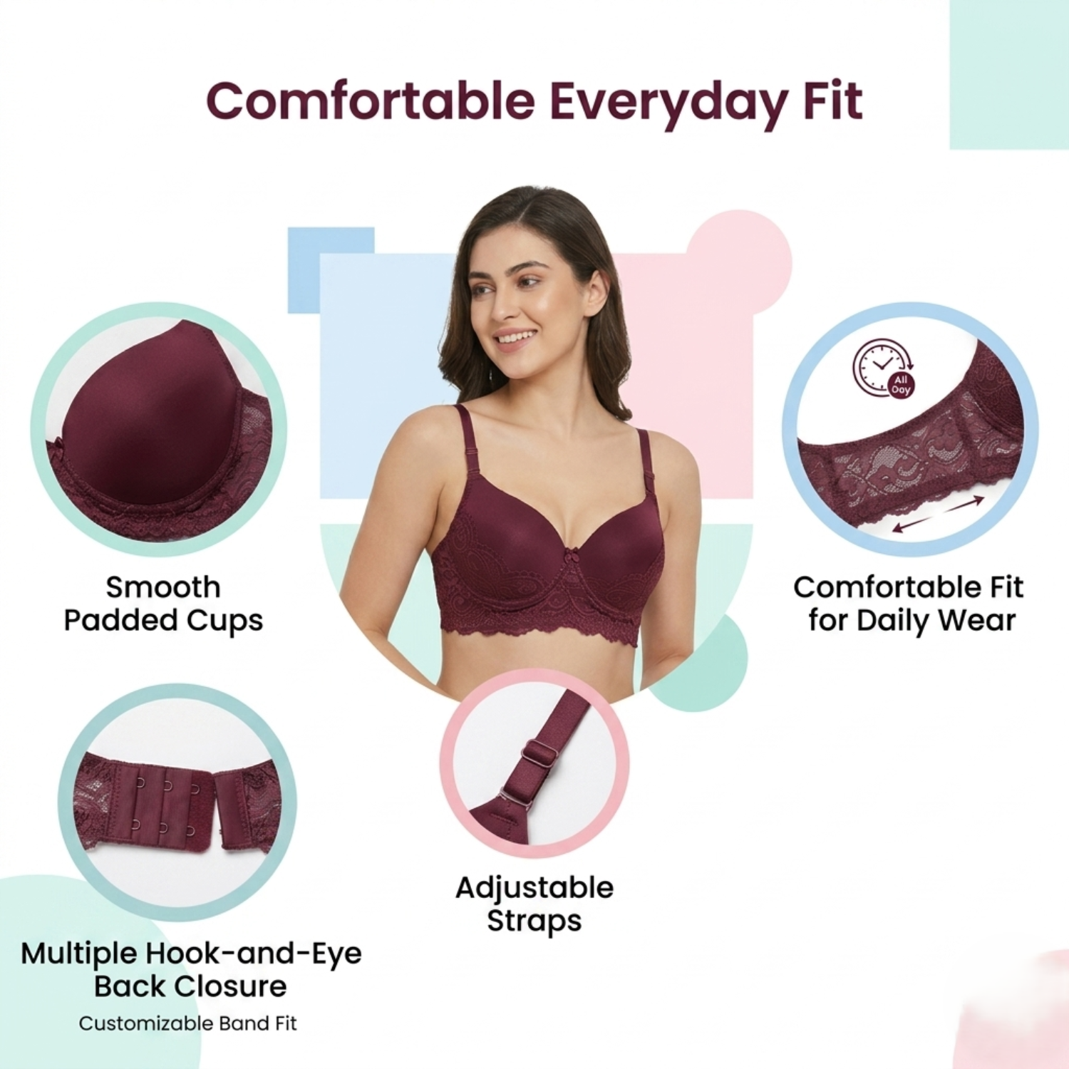 Elen Vosky Lace Design Bra for Women | Seamless Padded Bra with Lace Bottom Band | Adjustable strap bra | Comfortable Everyday Wear | Breathable Cotton Lycra Fabric