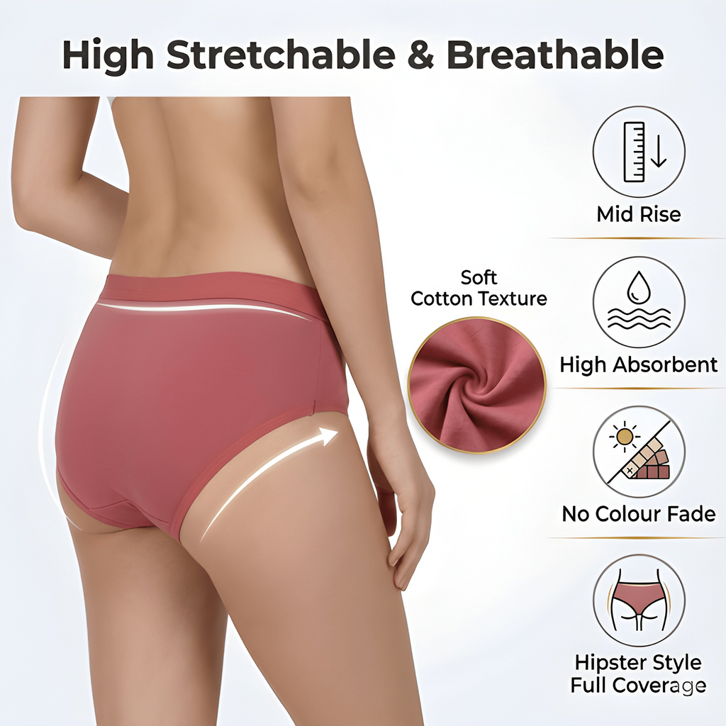 Elen Vosky Women Cotton Panties Pack of 3 | Breathable Cotton Lycra Fabric | Full Coverage Panty Set | Mid Rise Stretch Fit | Anti Odor & Sweat Absorbent | women innerwear