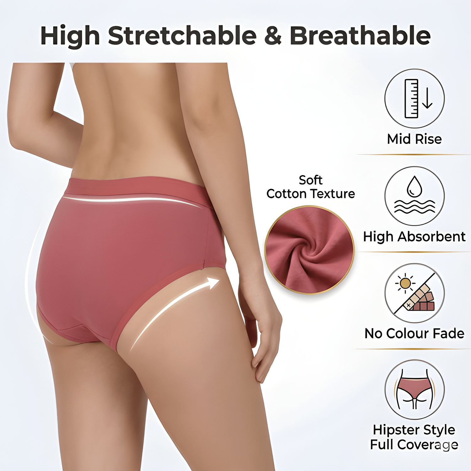 Elen Vosky Women Cotton Panties Pack of 3 | Breathable Cotton Lycra Fabric | Full Coverage Panty Set | Mid Rise Stretch Fit | Anti Odor & Sweat Absorbent | women innerwear