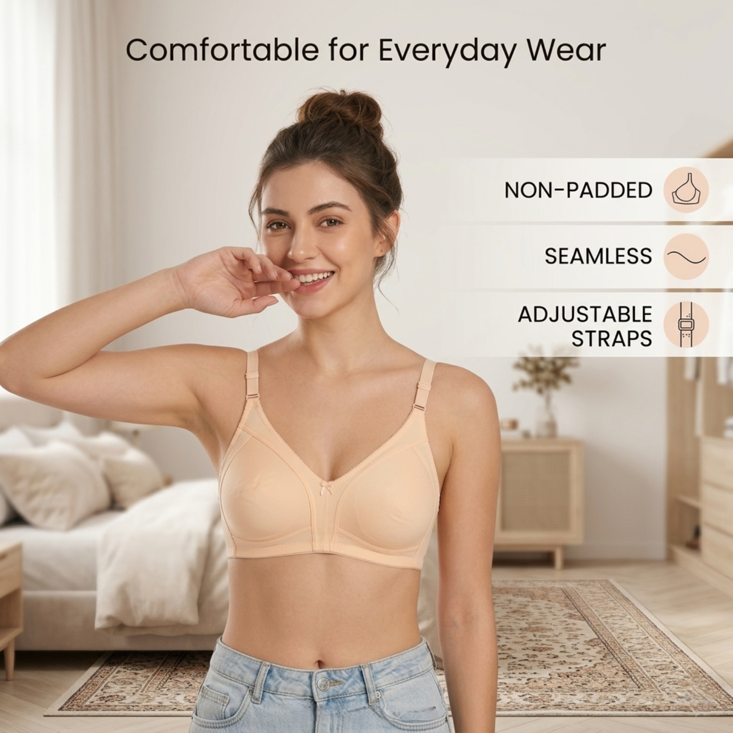 Elen Vosky Non Padded Bra for Women (Pack of 2) | Wirefree Seamless Bra with Adjustable Straps | Soft Support Breathable Cotton Lycra Bra for Everyday Wear