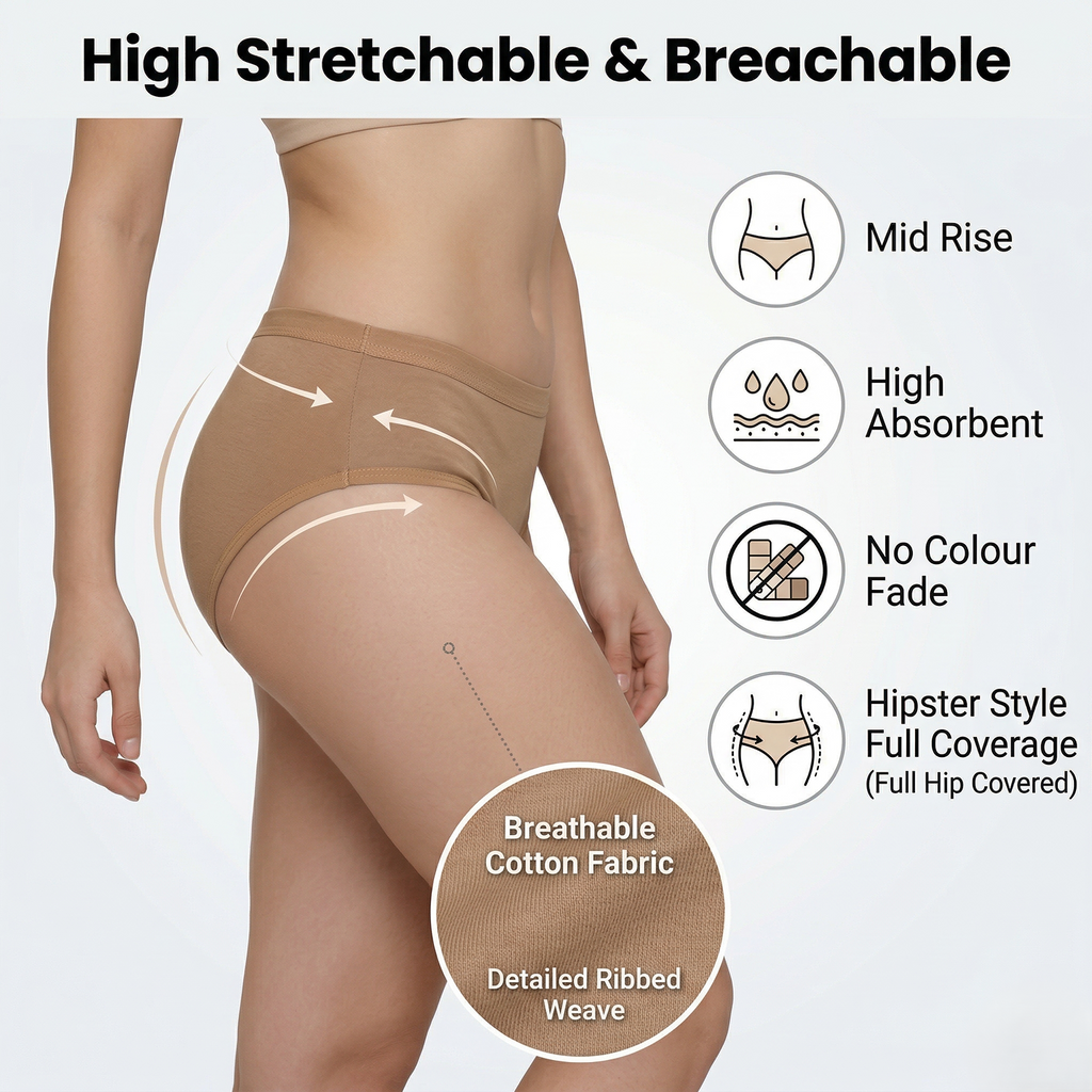 Elen Vosky Women’s Cotton Hipster Panties Pack of 3 | Breathable Cotton Lycra Fabric | Mid Rise Comfort Fit | Full Coverage Innerwear | Stretch Waistband | Anti Odor, Everyday Wear