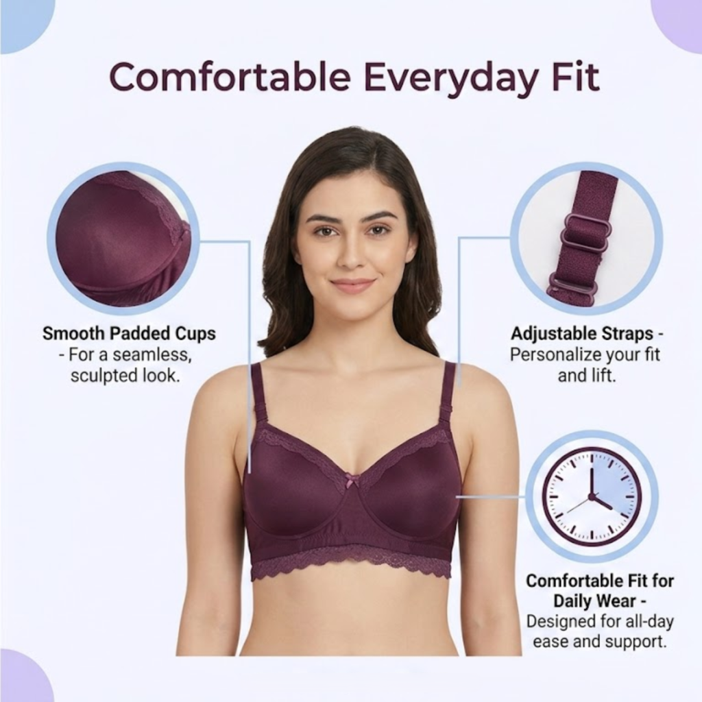 Elen Vosky Lace Design Bra for Women(Pack of 2) | Seamless Padded Bra with Lace Bottom Band | Wireless T-Shirt Bra | Comfortable Everyday Wear | Breathable Cotton Lycra Fabric