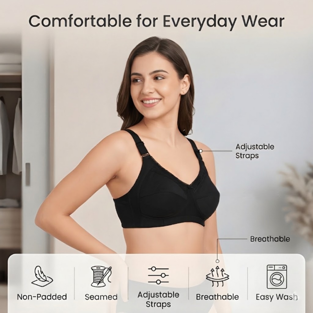 Elen Vosky Bra for Women Pack of 2 | Seamless,Non-Padded Bra with Lace Bottom Band | Wireless Bra | Comfortable Everyday Wear | Breathable Cotton Lycra Fabric