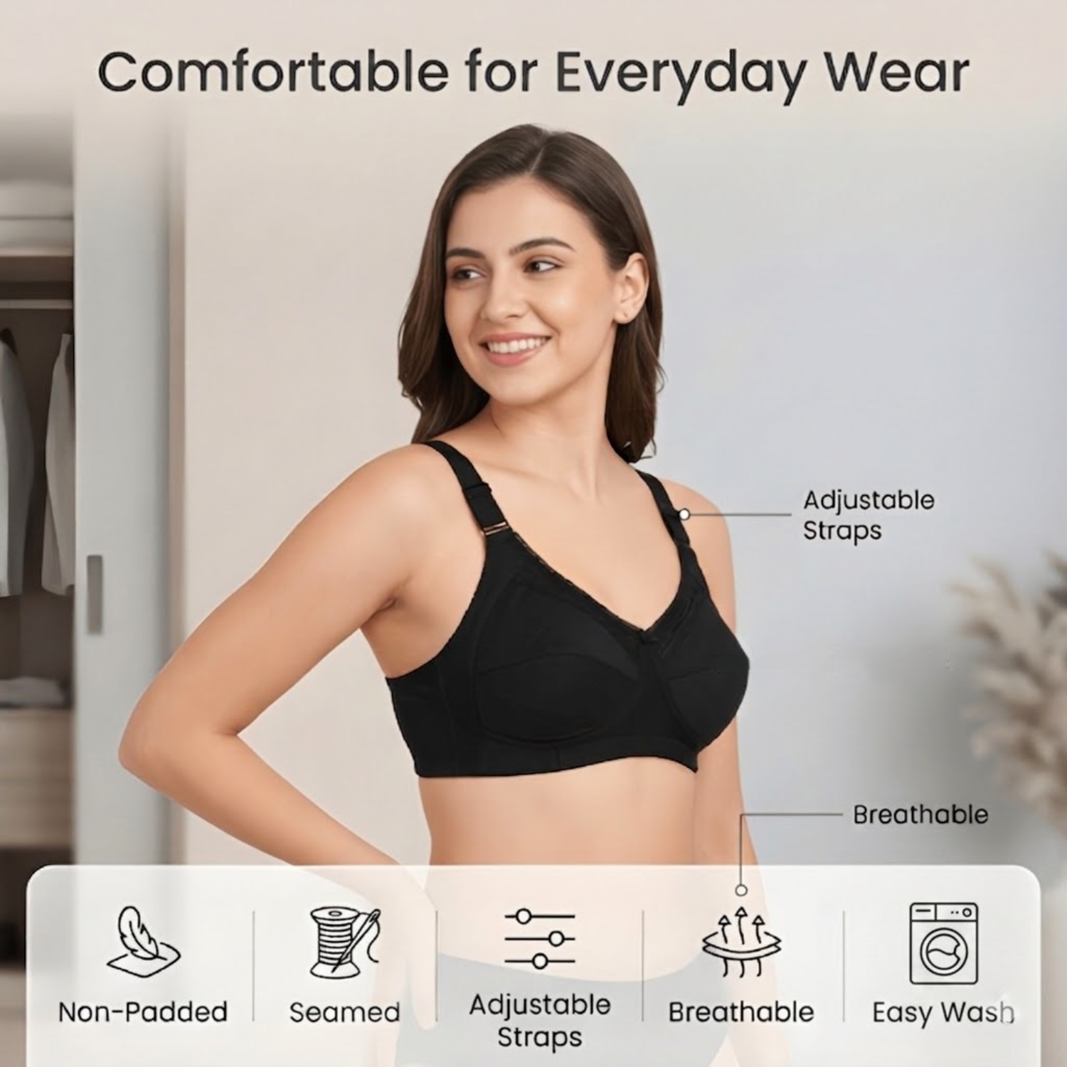 Elen Vosky Bra for Women Pack of 2 | Seamless,Non-Padded Bra with Lace Bottom Band | Wireless Bra | Comfortable Everyday Wear | Breathable Cotton Lycra Fabric