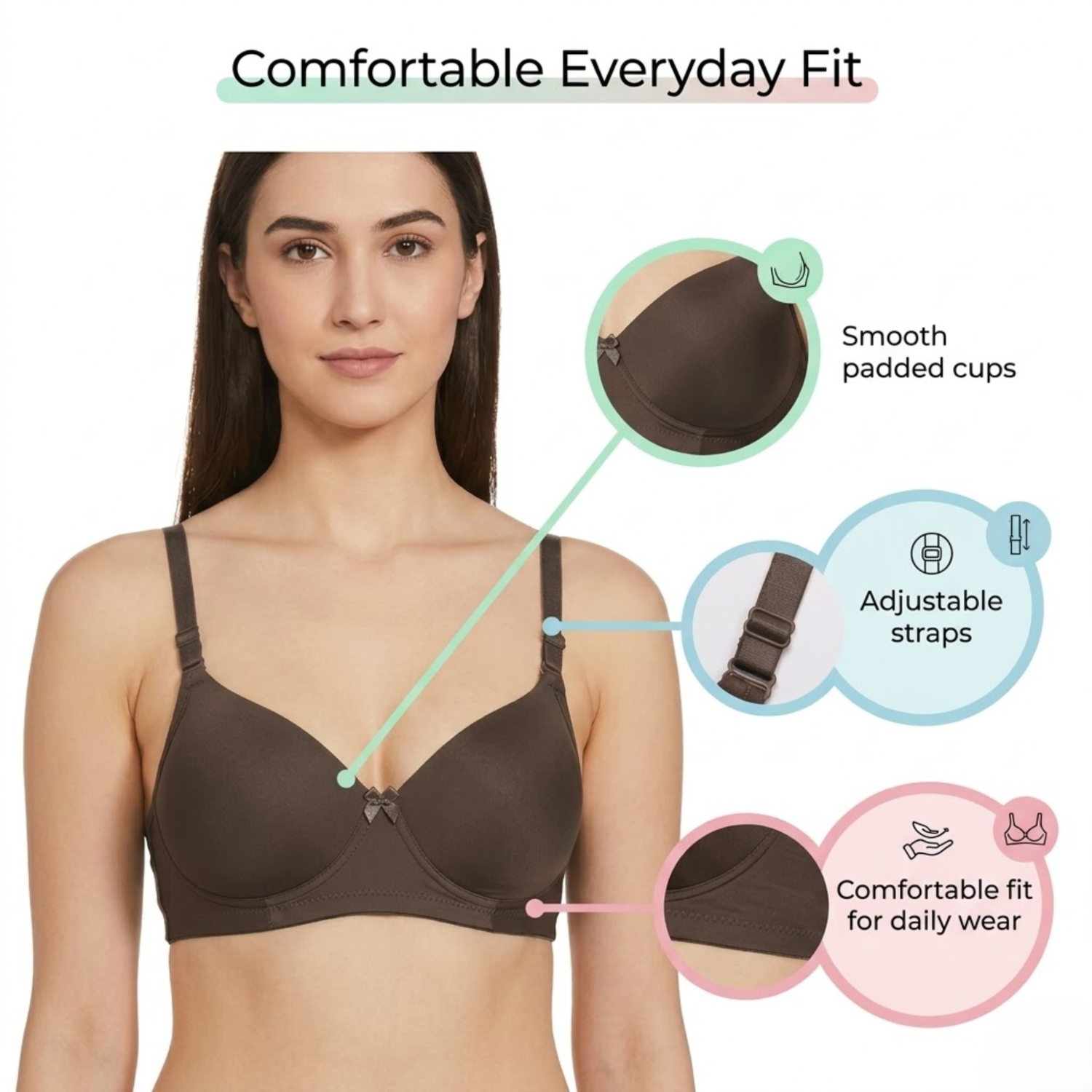 Elen Vosky Padded Bra for Women (Pack of 3) | Push-Up Seamless Adjustable Shoulder Bra | Comfortable Everyday Wear | Lightly Lined Wireless Support | Soft Breathable Lingerie