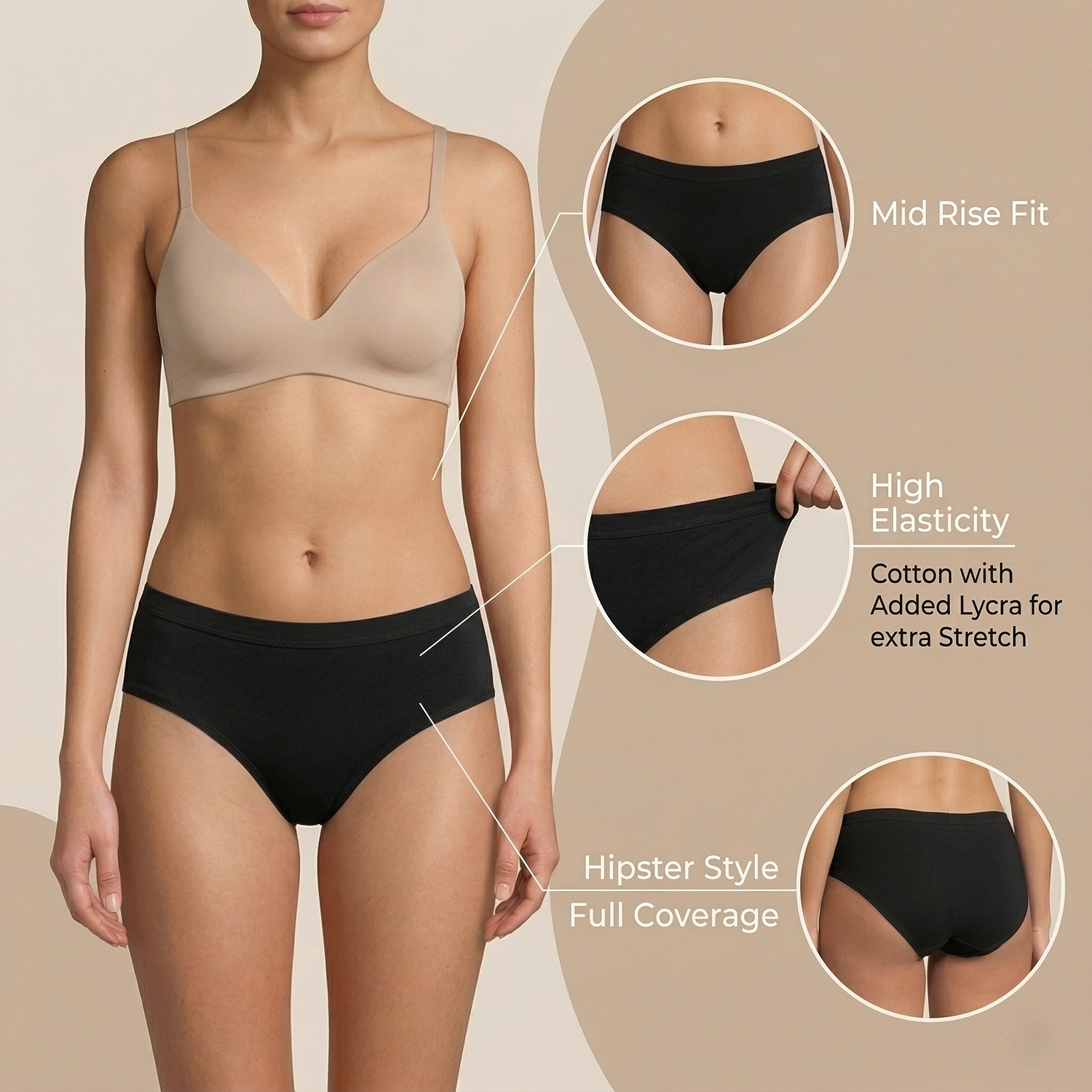 Elen Vosky Women Hipster Panties Pack of 3 | Breathable Cotton Lycra Fabric | Full Coverage Mid Rise Comfort Fit | Stretch Waistband | Anti Odor Everyday Wear
