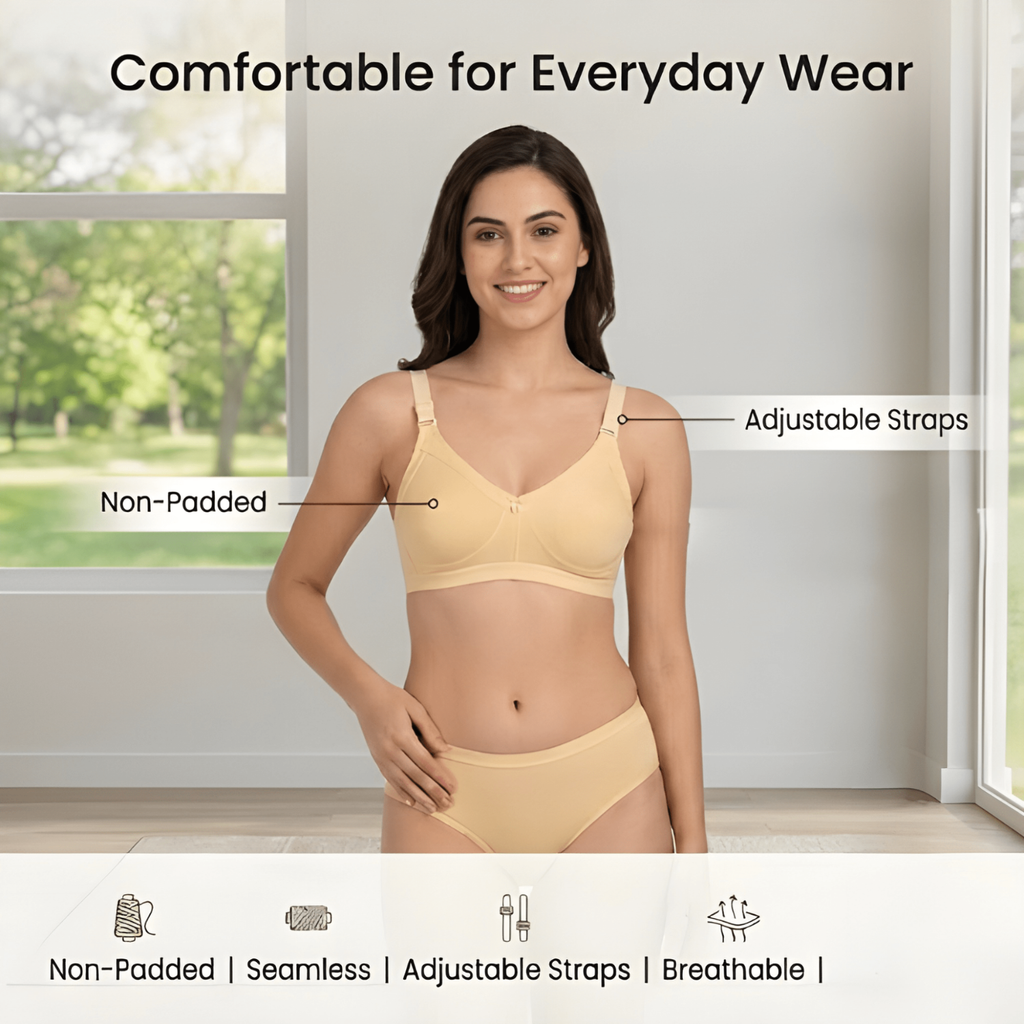 Elen Vosky Bra for Women pack of 3 | Seamless,Non-Padded Bra with Lace Bottom Band | Wireless Bra | Comfortable Everyday Wear | Breathable Cotton Lycra Fabric