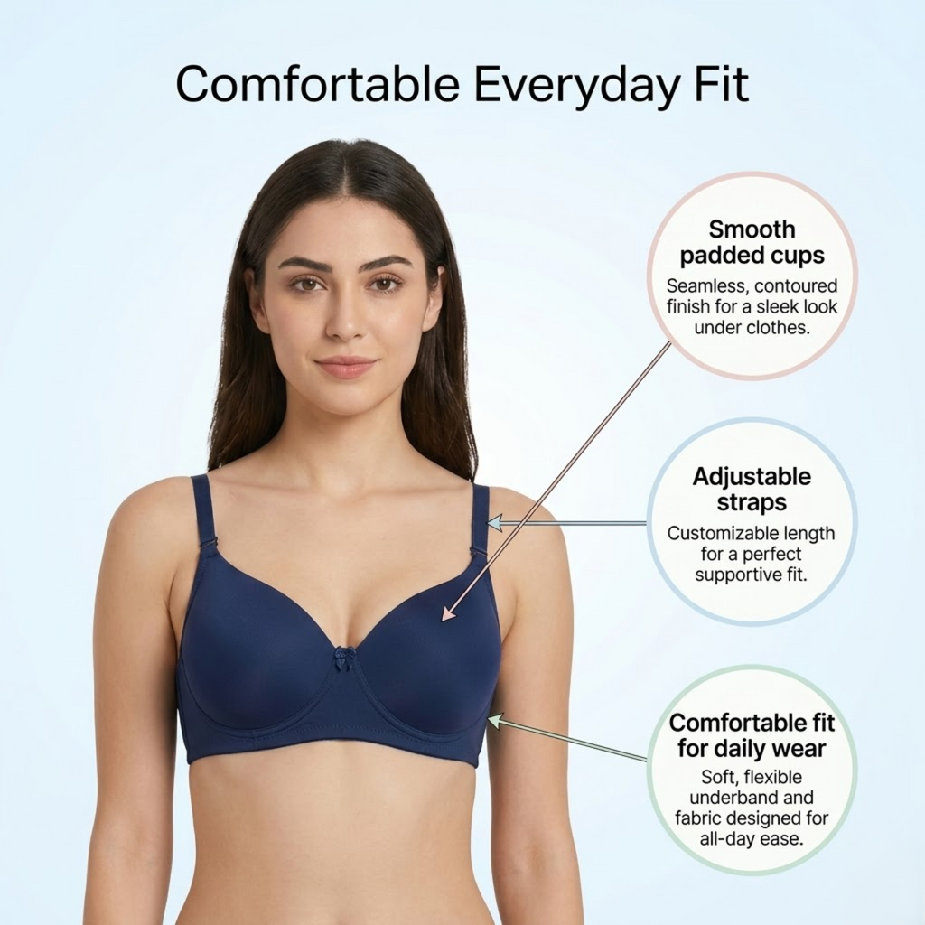 Elen Vosky Padded Bra for Women (Pack of 2) | Push-Up Seamless Adjustable Shoulder Bra | Comfortable Everyday Wear | Lightly Lined Wireless Support | Soft Breathable Lingerie