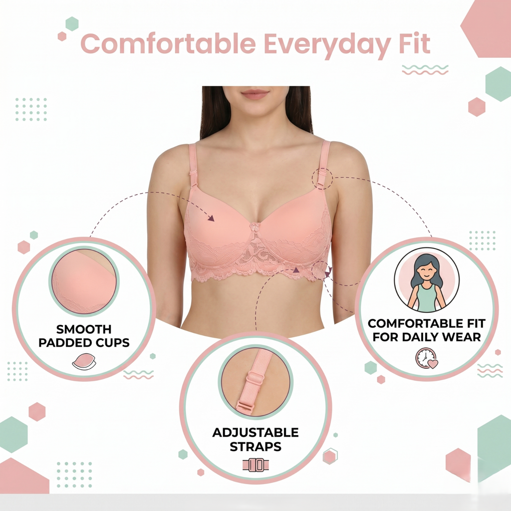 Elen Vosky Lace Design Bra for Women | Seamless Padded Bra with Lace Bottom Band | Adjustable strap bra | Comfortable Everyday Wear | Breathable Cotton Lycra Fabric