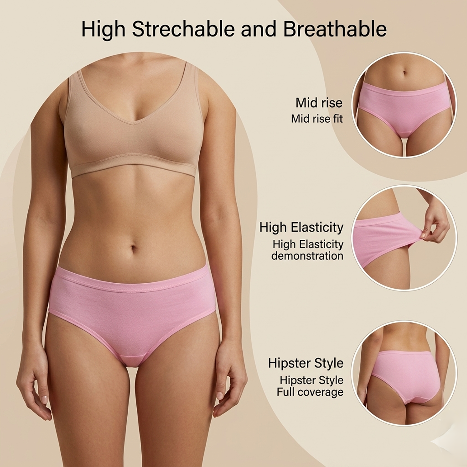 Elen Vosky Women Hipster Panties Pack of 3 | Breathable Cotton Lycra Fabric | Full Coverage Mid Rise Comfort Fit | Stretch Waistband | Anti Odor Everyday Wear