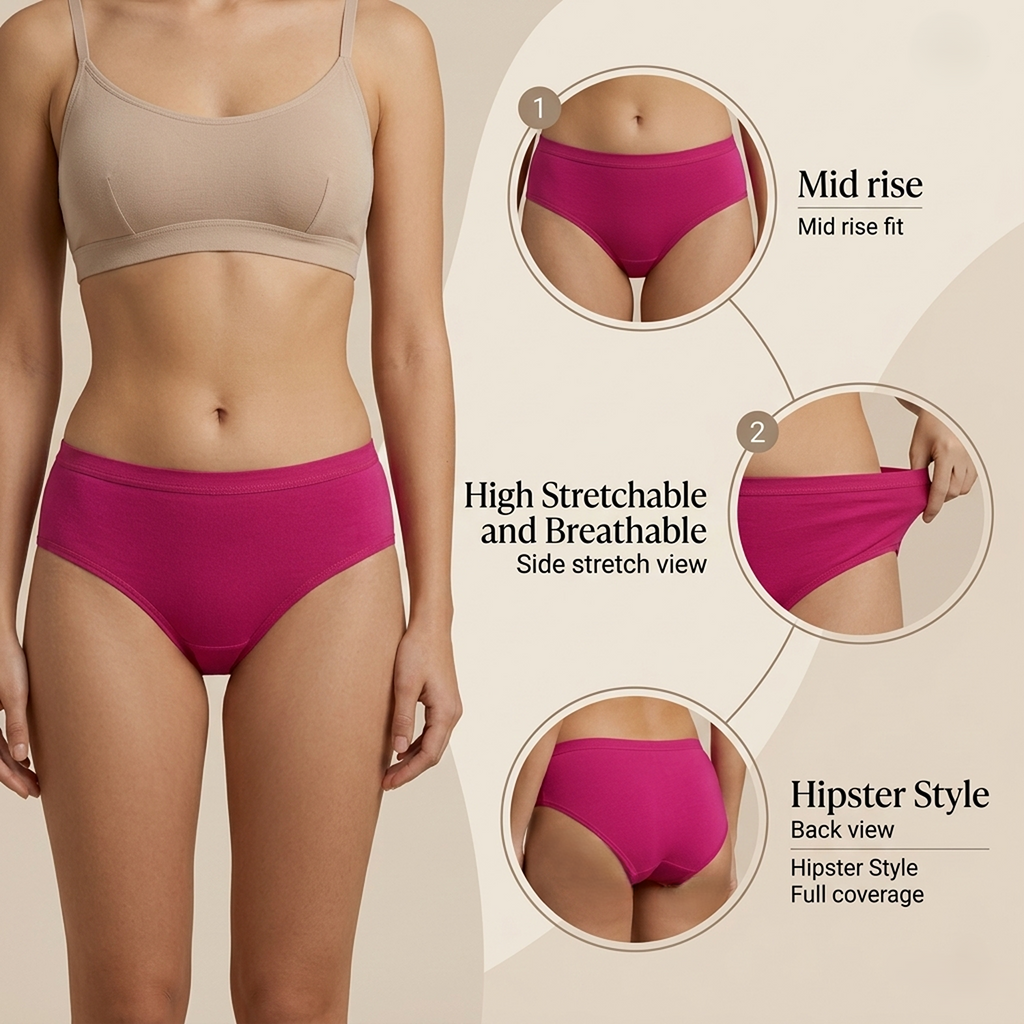 Elen Vosky Women Hipster Panties Pack of 3 | Breathable Cotton Lycra Fabric | Full Coverage Mid Rise Comfort Fit | Stretch Waistband | Anti Odor Everyday Wear