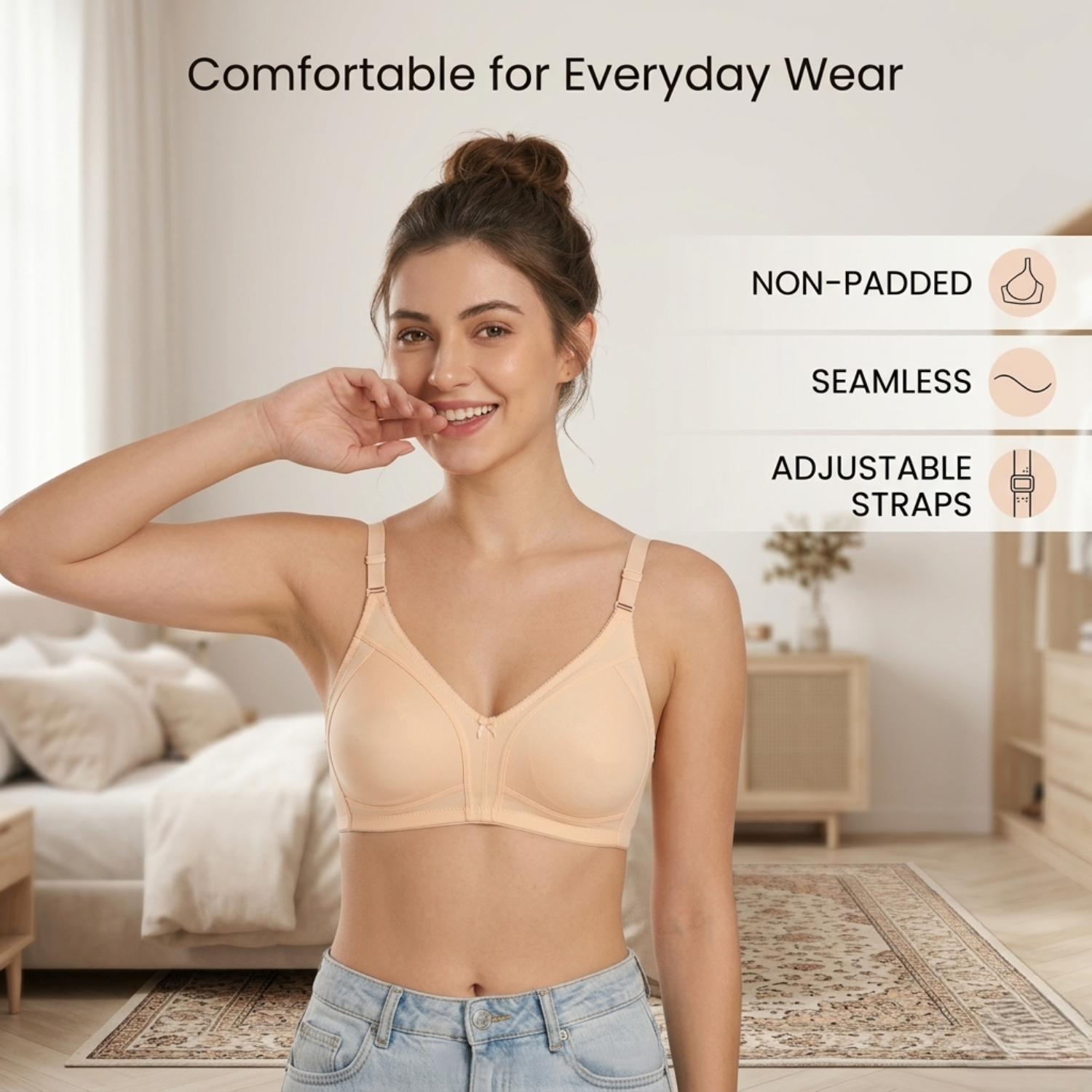 Elen Vosky Non Padded Bra for Women | Wirefree Seamless Bra with Adjustable Straps | Soft Support Breathable Cotton Lycra Bra for Everyday Wear