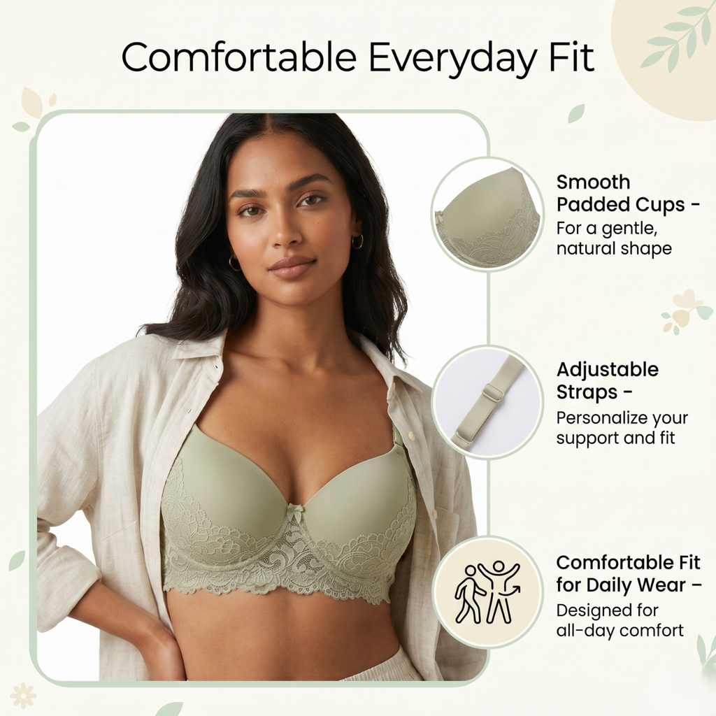 Elen Vosky Lace Design Bra for Women(Pack of 2 | Seamless Padded Bra with Lace Bottom Band | Adjustable strap bra | Comfortable Everyday Wear | Breathable Cotton Lycra Fabric