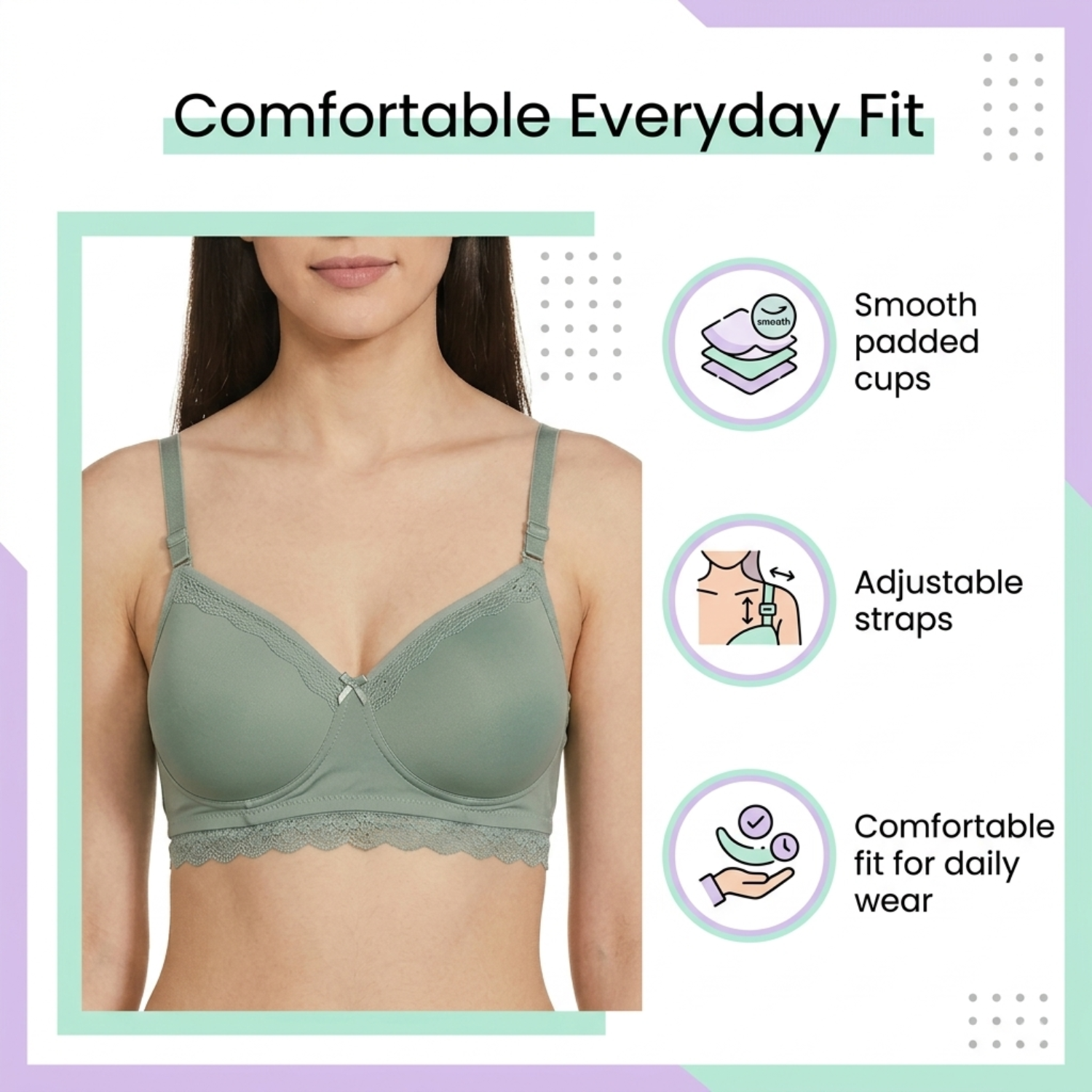 Elen Vosky Lace Design Bra for Women(Pack of 2) | Seamless Padded Bra with Lace Bottom Band | Wireless T-Shirt Bra | Comfortable Everyday Wear | Breathable Cotton Lycra Fabric