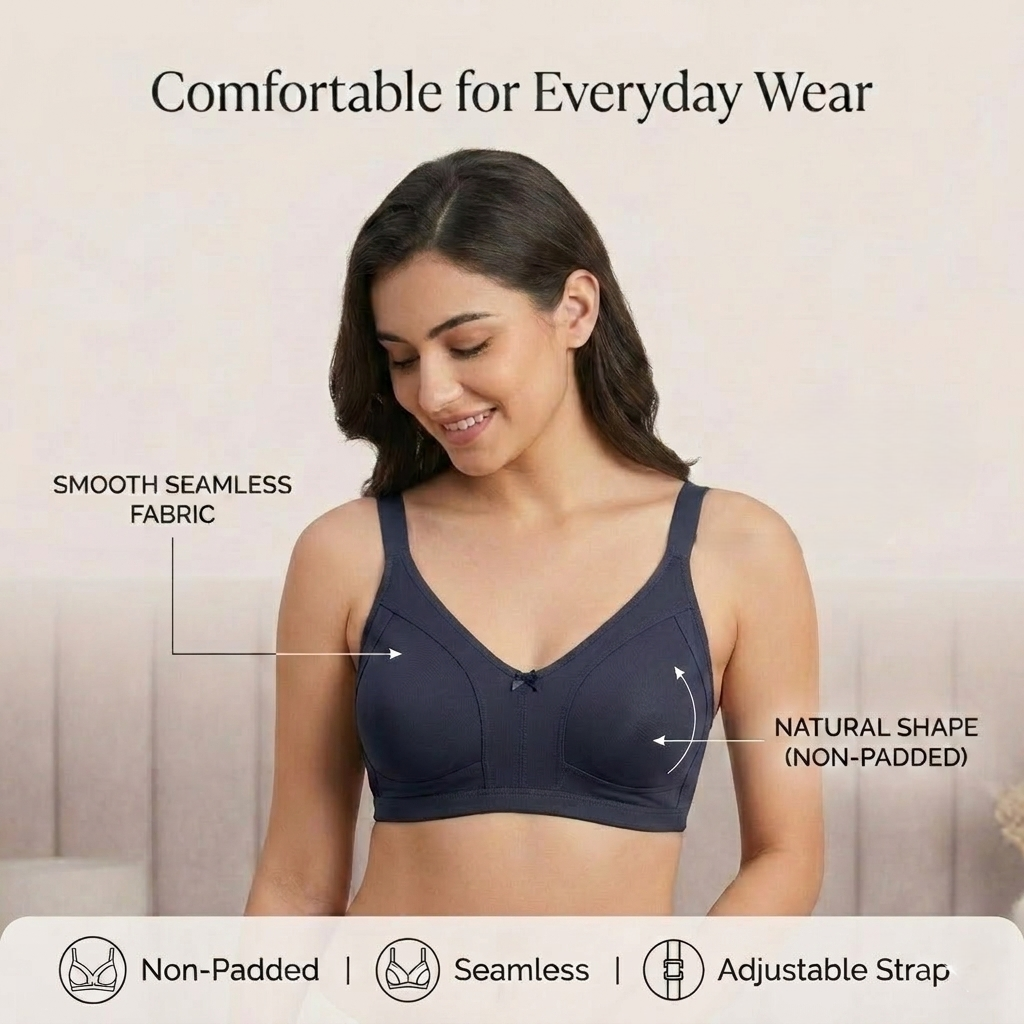 Elen Vosky Premium Bra for Women |  Everyday Comfort Bra | Non-Padded Wirefree Cotton Lycra Bra | Seamless Finish & Adjustable Straps | Everyday Wear