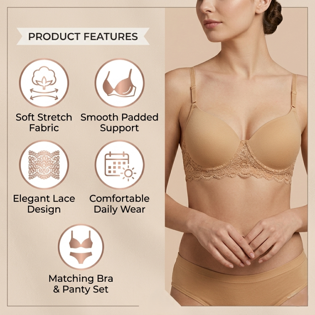 Elen Vosky Women’s Lingerie Set(Pack of 2) | Bra Panty Set with Strappy Detailing |Breathable Cotton Lycra Fabric | Seamless Padded Bra with Lace Bottom Band