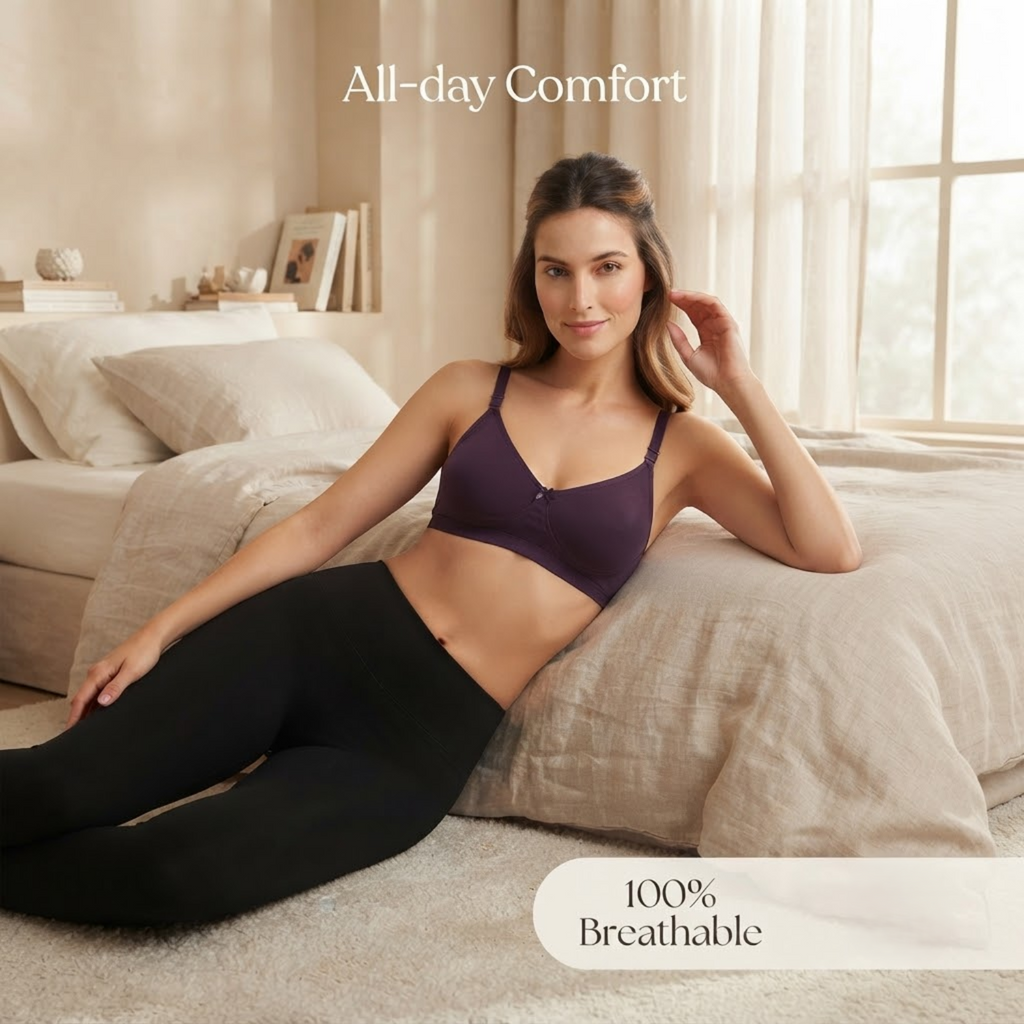 Elen Vosky Non-Padded Bra for Women | Seamless Wireless | 3-Hook Back Closure | Adjustable Shoulder Straps | Breathable Cotton Fabric | Everyday Wear