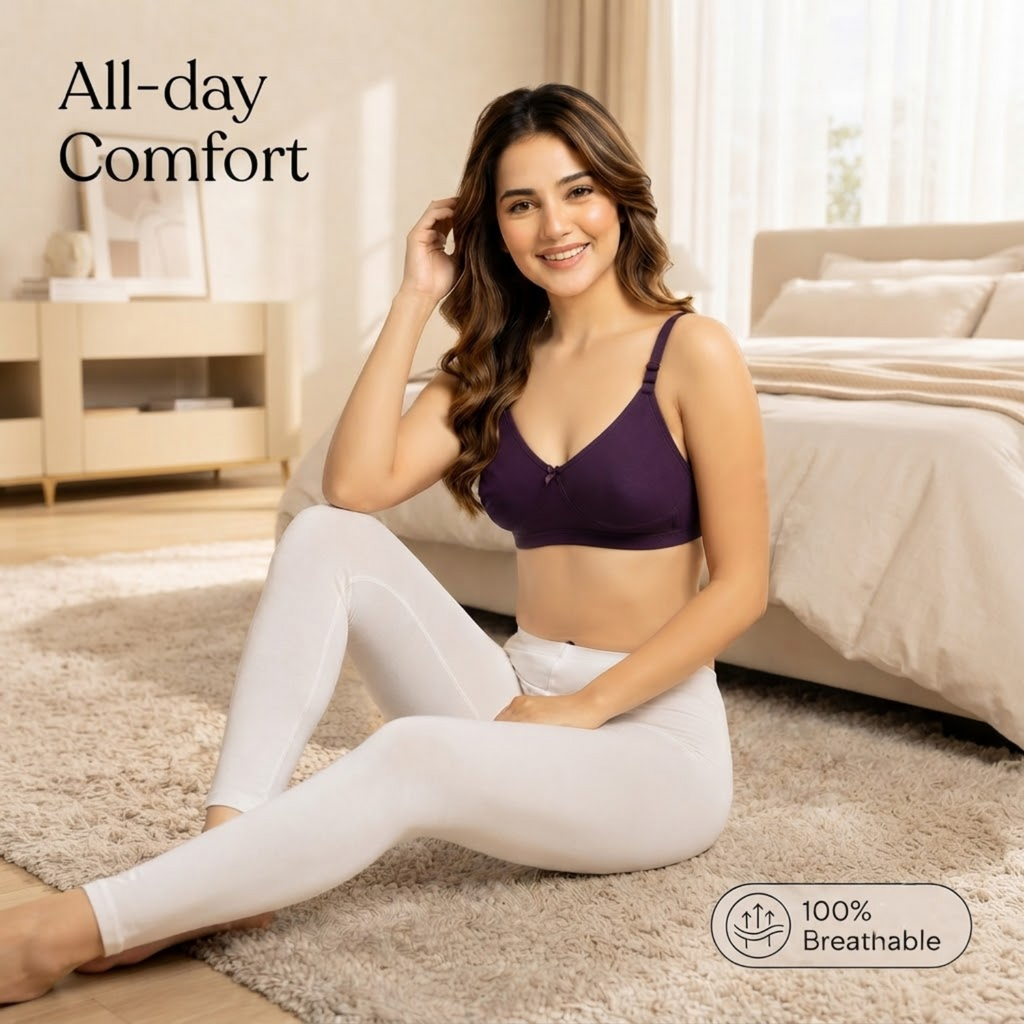 Elen Vosky Non-Padded Bra for Women (Pack of 2) | Seamless Wireless | 3-Hook Back Closure | Adjustable Shoulder Straps | Breathable Cotton Fabric | Everyday Wear