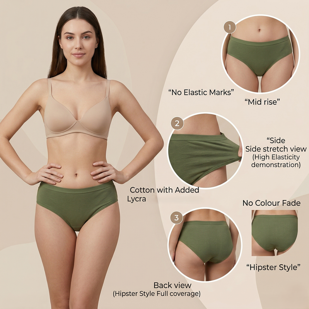 Elen Vosky Women Hipster Panties Pack of 3 | Breathable Cotton Lycra Fabric | Full Coverage Mid Rise Comfort Fit | Stretch Waistband | Anti Odor Everyday Wear