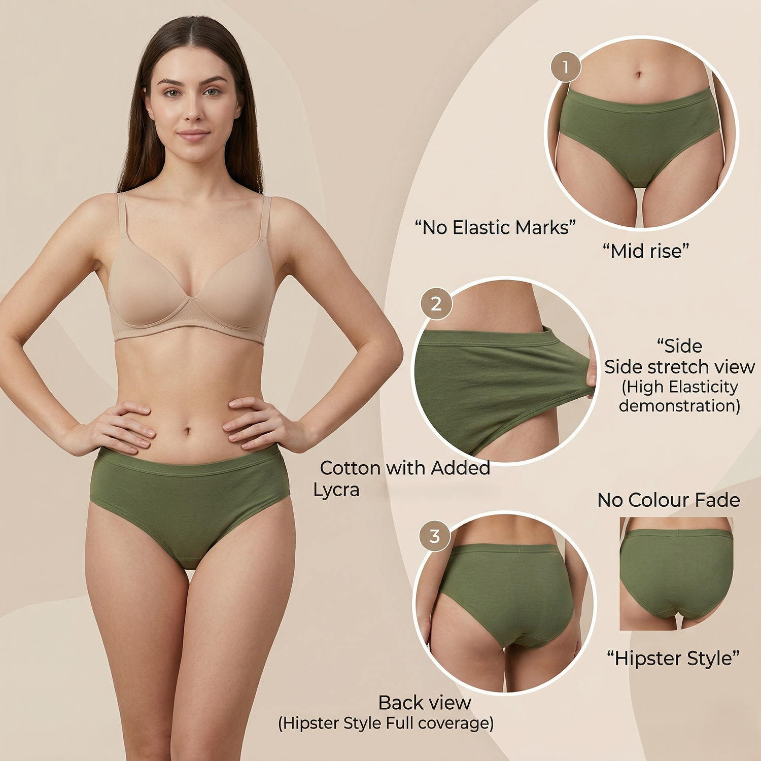 Elen Vosky Women Hipster Panties Pack of 3 | Breathable Cotton Lycra Fabric | Full Coverage Mid Rise Comfort Fit | Stretch Waistband | Anti Odor Everyday Wear