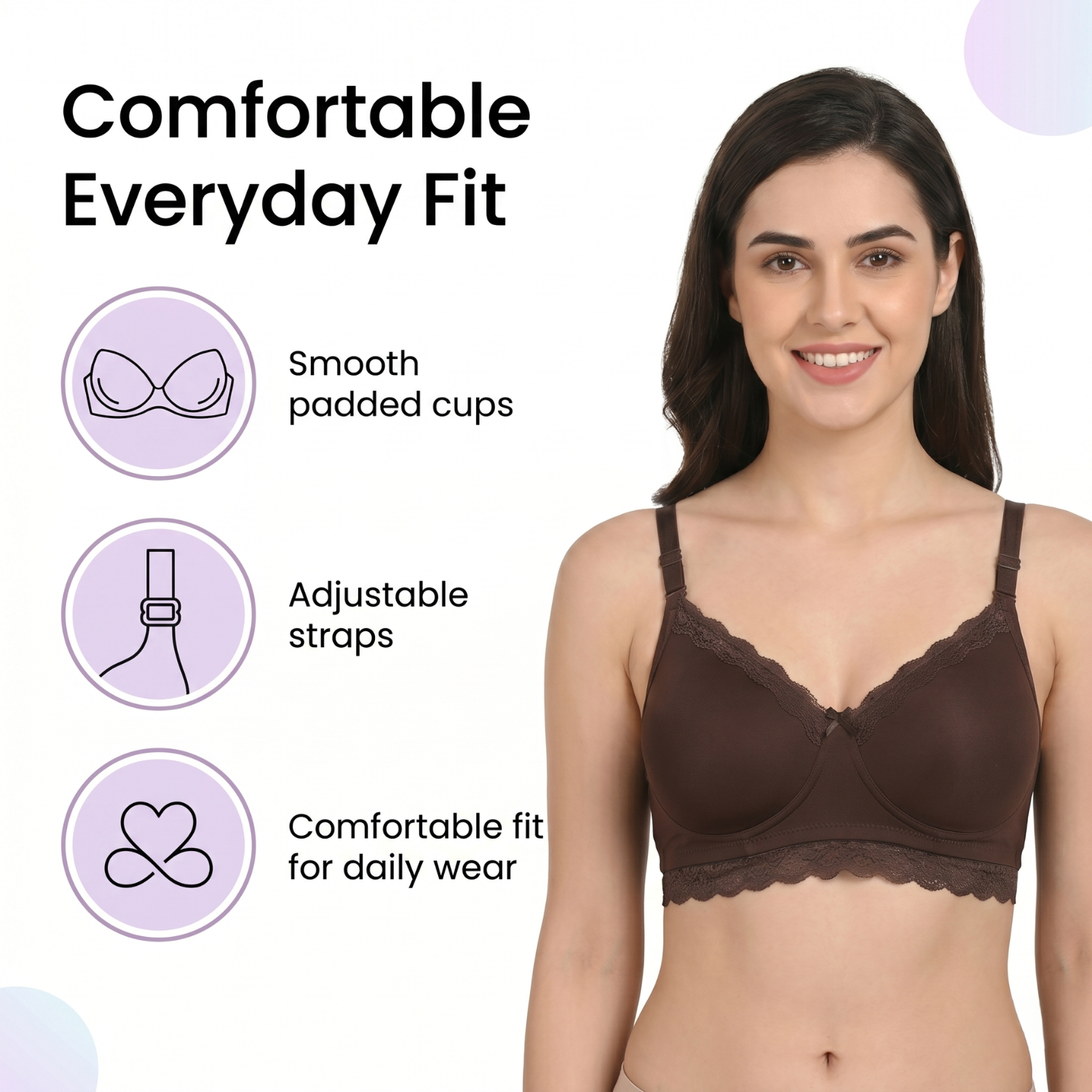 Elen Vosky Lace Design Bra for Women | Seamless Padded Bra with Lace Bottom Band | Wireless T-Shirt Bra | Comfortable Everyday Wear | Breathable Cotton Lycra Fabric