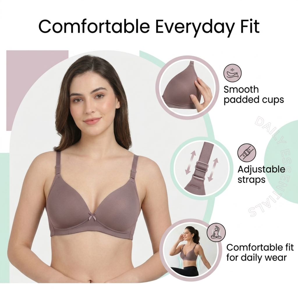 Elen Vosky Bra for Women | Seamless, Padded Bra | Comfortable Everyday Wear | Lightly Lined Wireless Support | Breathable Cotton Lycra Fabric