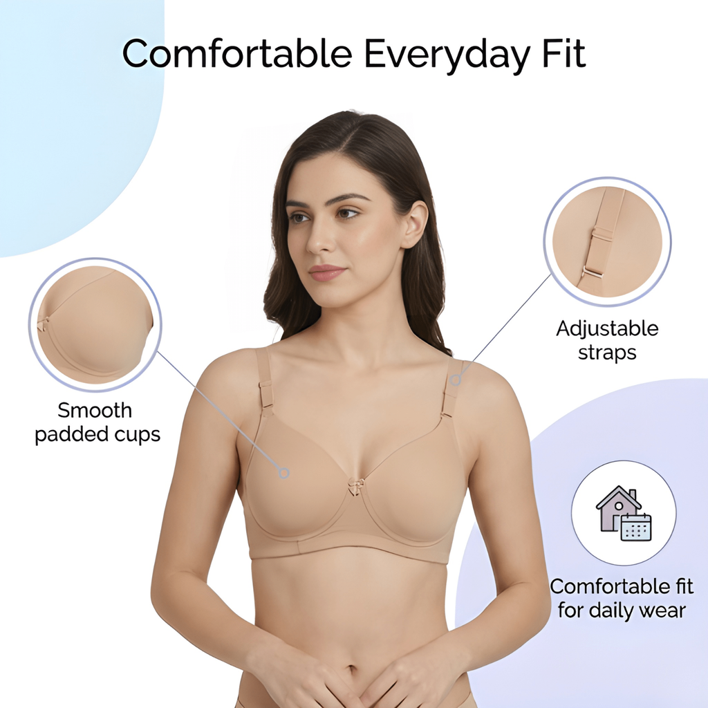 Elen Vosky Padded Bra for Women (Pack of 2) | Push-Up Seamless Adjustable Shoulder Bra | Comfortable Everyday Wear | Lightly Lined Wireless Support | Soft Breathable Lingerie