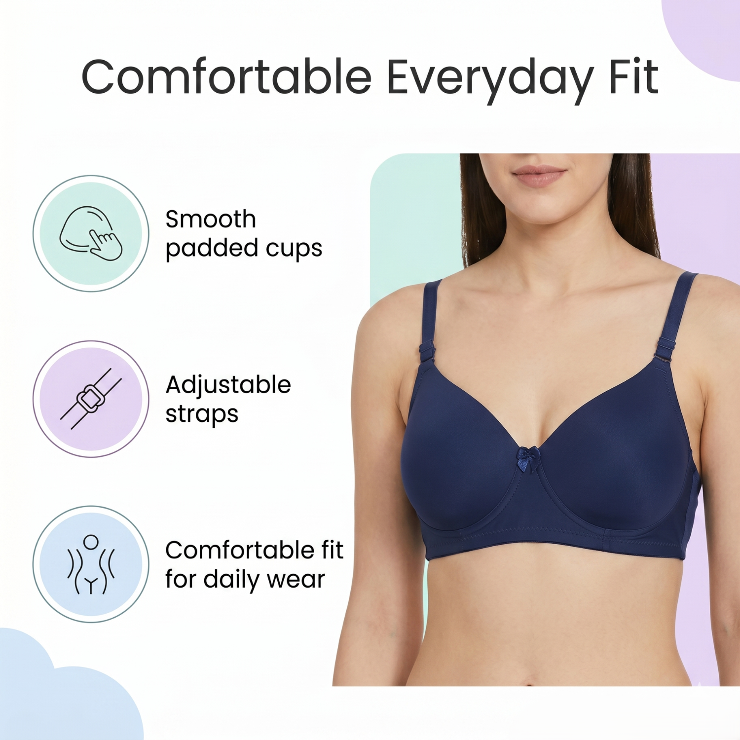 Elen Vosky Padded Bra for Women | Push-Up Seamless Adjustable Shoulder Bra | Comfortable Everyday Wear | Lightly Lined Wireless Support | Soft Breathable Lingerie