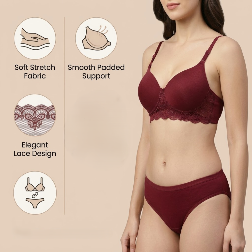Elen Vosky Women’s Lingerie Set(Pack of 3) | Panty Set with Strappy Detailing | Breathable Cotton Lycra Fabric | Seamless Padded Bra with Lace Bottom Band
