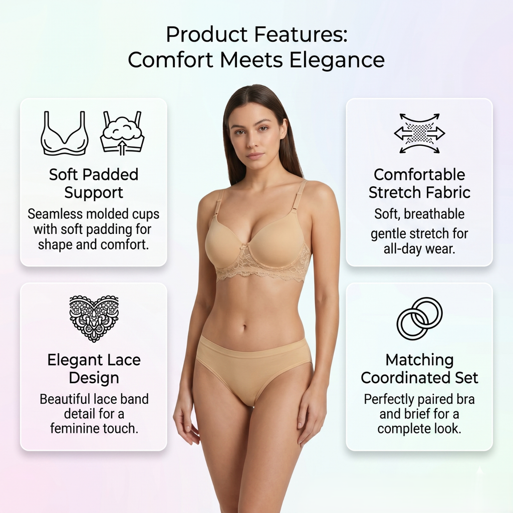 Elen Vosky Women’s Lingerie Set | Panty Set with Strappy Detailing | Breathable Cotton Lycra Fabric | Seamless Padded Bra with Lace Bottom Band