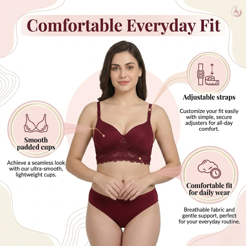 Elen Vosky Women’s Lingerie Set(Pack of 2) | Bra Panty Set with Strappy Detailing |Breathable Cotton Lycra Fabric | Seamless Padded Bra with Lace Bottom Band