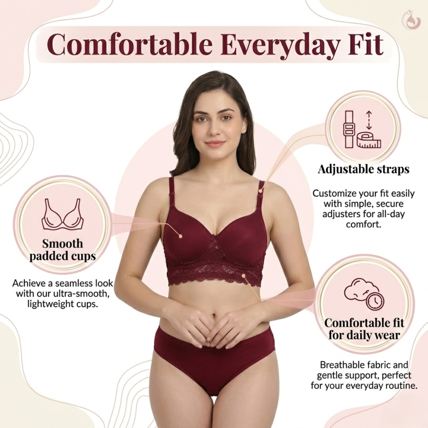 Elen Vosky Women’s Lingerie Set(Pack of 2) | Bra Panty Set with Strappy Detailing |Breathable Cotton Lycra Fabric | Seamless Padded Bra with Lace Bottom Band