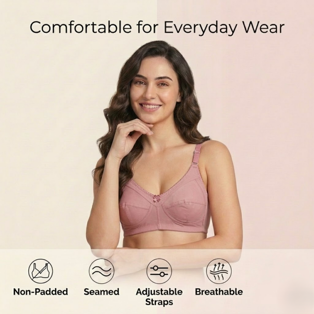 Elen Vosky Non-Padded Bra for Women (Pack of 2) | Seamless Wireless | 3-Hook Back Closure | Adjustable Shoulder Straps | Breathable Cotton Lycra Fabric | Everyday Wear