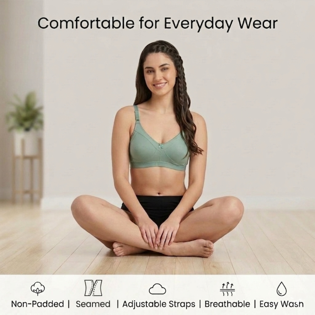 Elen Vosky Non-Padded Bra for Women (Pack of 3) | Seamless Wireless | 3-Hook Back Closure | Adjustable Shoulder Straps | Breathable Cotton Lycra Fabric | Everyday Wear
