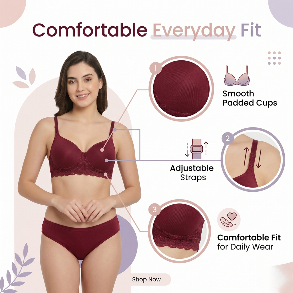 Elen Vosky Women’s Lingerie Set | Panty Set with Strappy Detailing | Breathable Cotton Lycra Fabric | Seamless Padded Bra with Lace Bottom Band