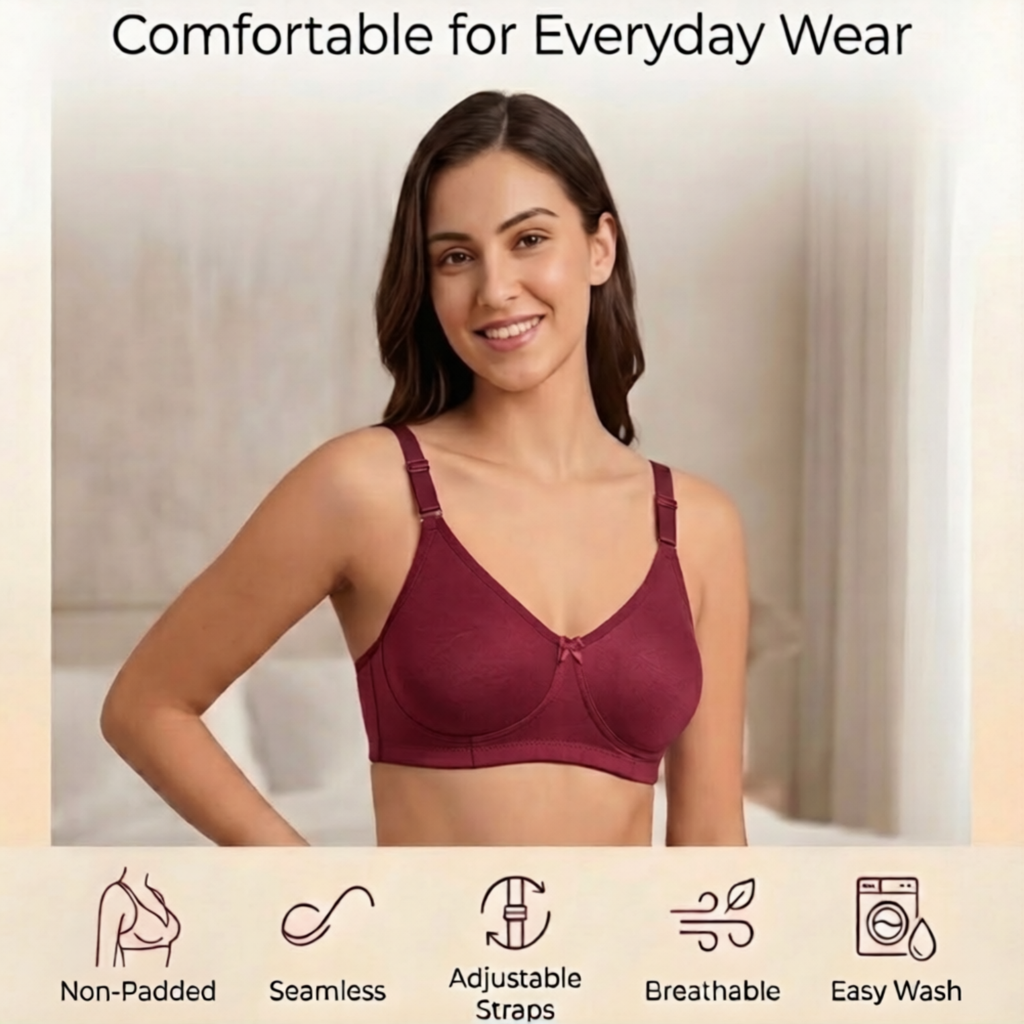 Elen Vosky Non-Padded Bra for Women (Pack of 2) | Seamless Wireless | 3-Hook Back Closure | Adjustable Shoulder Straps | Breathable Cotton Lycra Fabric | Everyday Wear