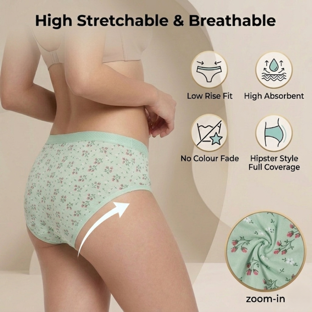 Elen Vosky Low Rise Hipster Panties for Women Pack of 3 | Stretch Waistband Grip Fit | Breathable Cotton Lycra Fabri | Stain Release Ladies Innerwear