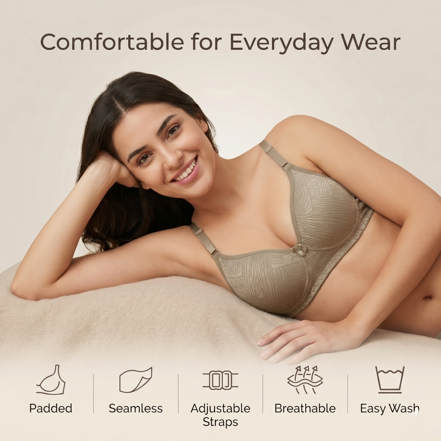 Elen Vosky Padded Bra for Women (Pack of 3) | Push-Up Seamless Adjustable Shoulder Bra | Comfortable Everyday Wear | Lightly Lined Wireless Support | Soft Breathable Lingerie