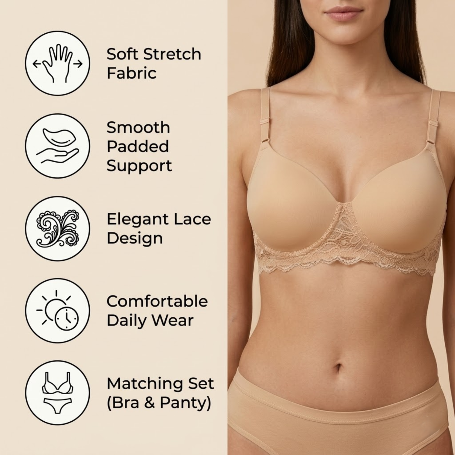 Elen Vosky Women’s Lingerie Set(Pack of 2) | Bra Panty Set with Strappy Detailing |Breathable Cotton Lycra Fabric | Seamless Padded Bra with Lace Bottom Band