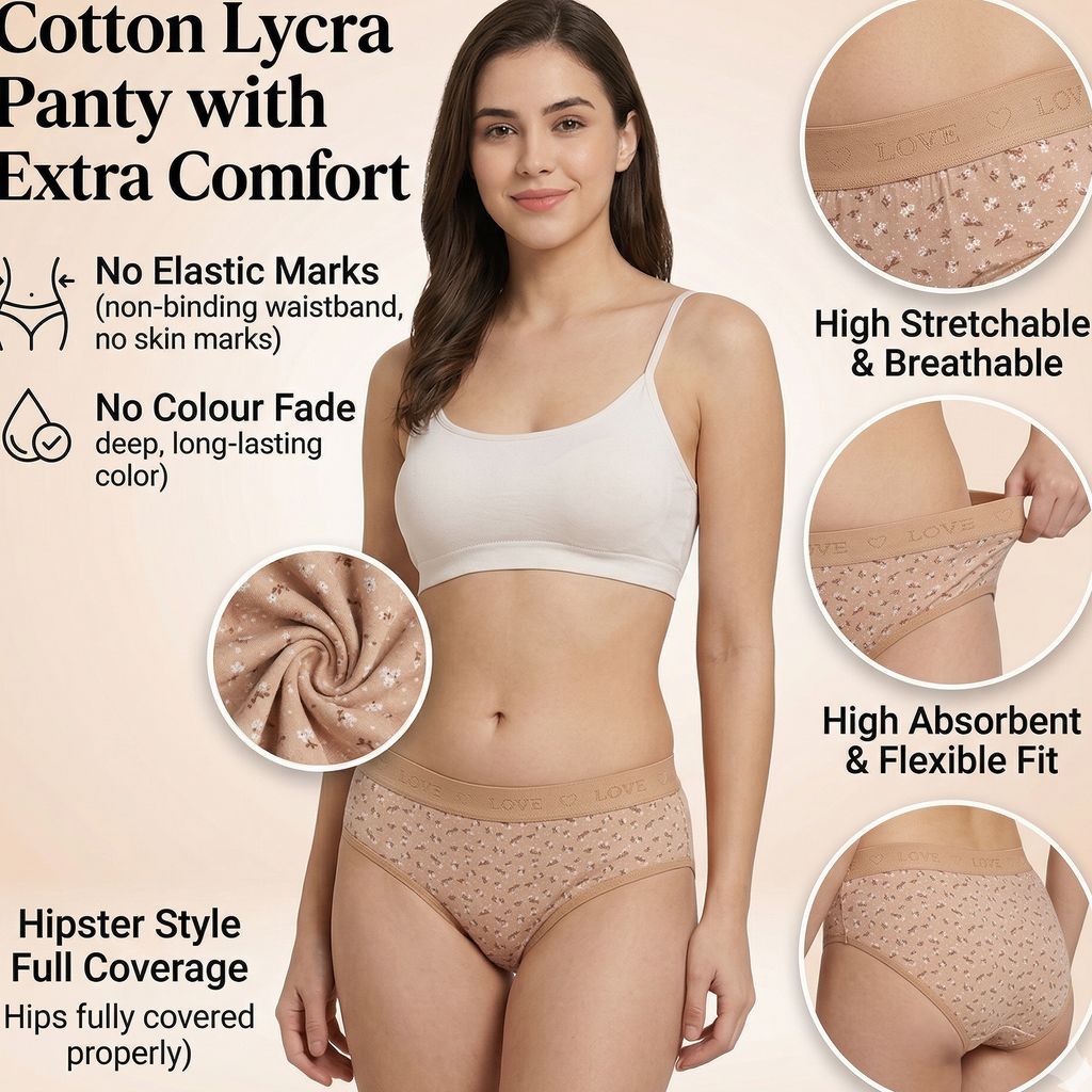 Elen Vosky Hipster Panties for Women Pack of 3 | Breathable Cotton Lycra Fabric | Full Coverage Innerwear | Stretch Grip Fit | Anti Odor Antimicrobial & Stain Release Ladies Innerwear