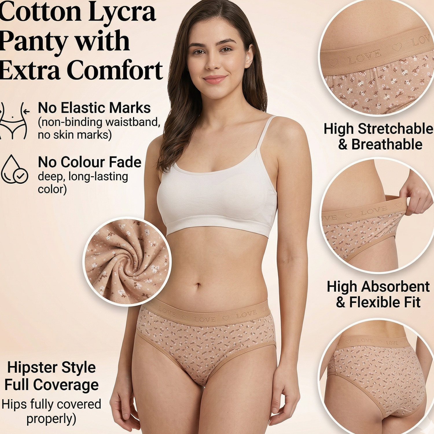 Elen Vosky Hipster Panties for Women Pack of 3 | Breathable Cotton Lycra Fabric | Full Coverage Innerwear | Stretch Grip Fit | Anti Odor Antimicrobial & Stain Release Ladies Innerwear