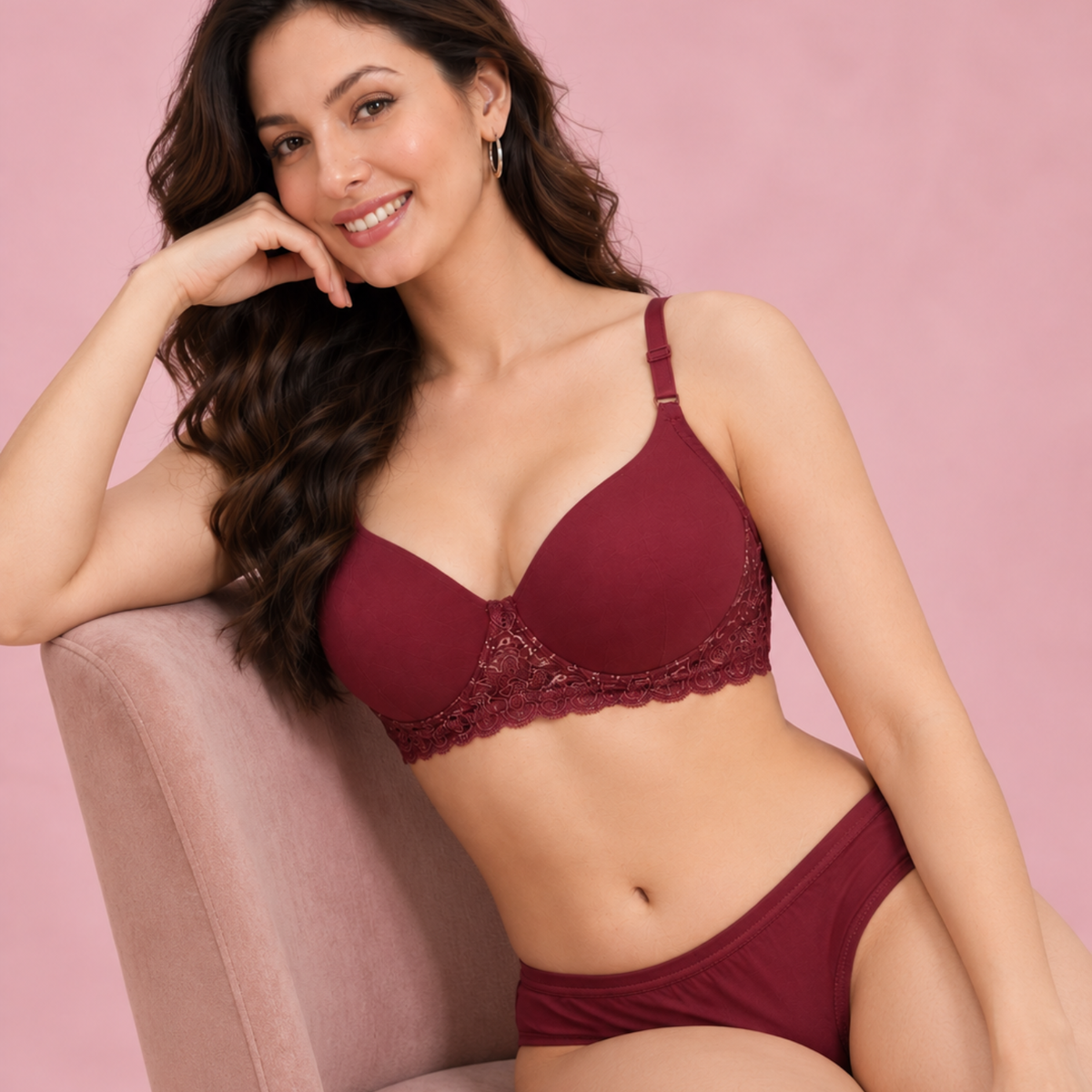 Elen Vosky Women’s Lingerie Set(Pack of 2) | Bra Panty Set with Strappy Detailing |Breathable Cotton Lycra Fabric | Seamless Padded Bra with Lace Bottom Band