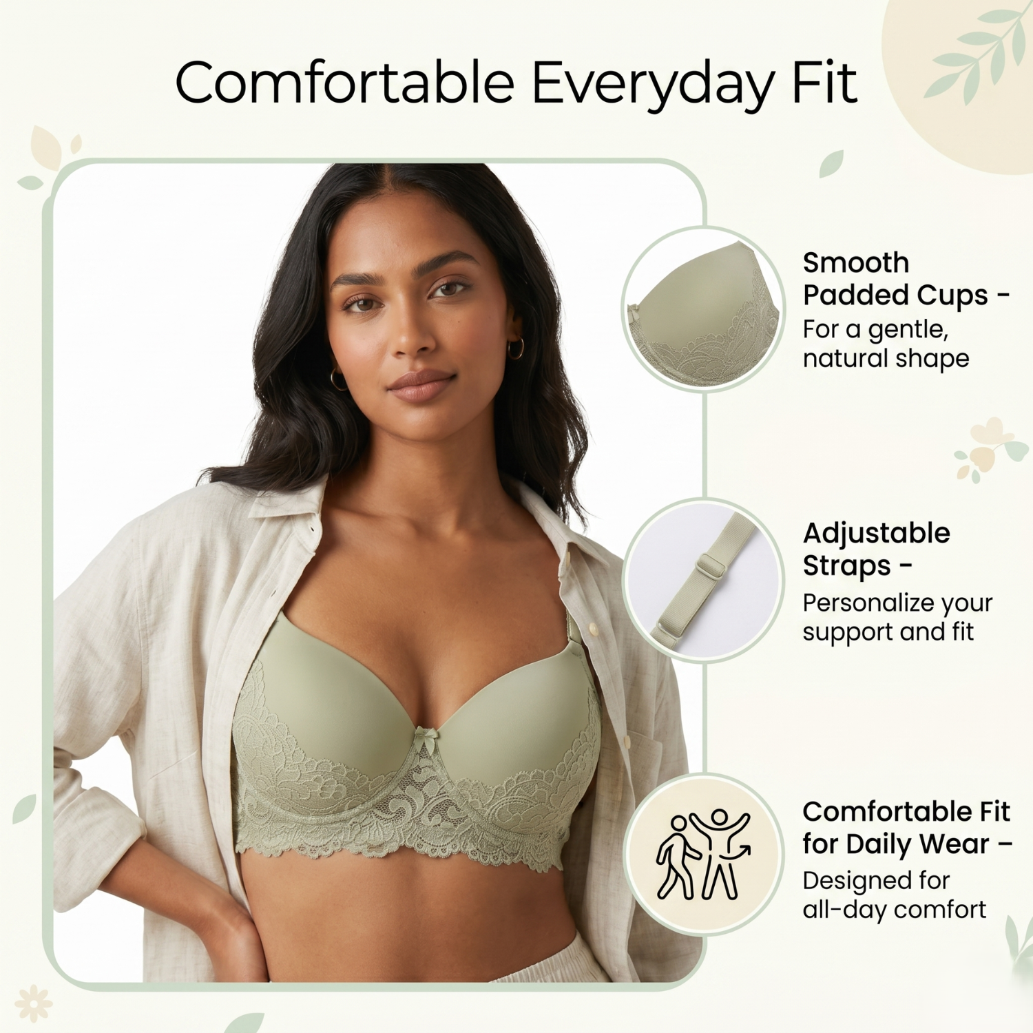 Elen Vosky Lace Design Bra for Women | Seamless Padded Bra with Lace Bottom Band | Adjustable strap bra | Comfortable Everyday Wear | Breathable Cotton Lycra Fabric