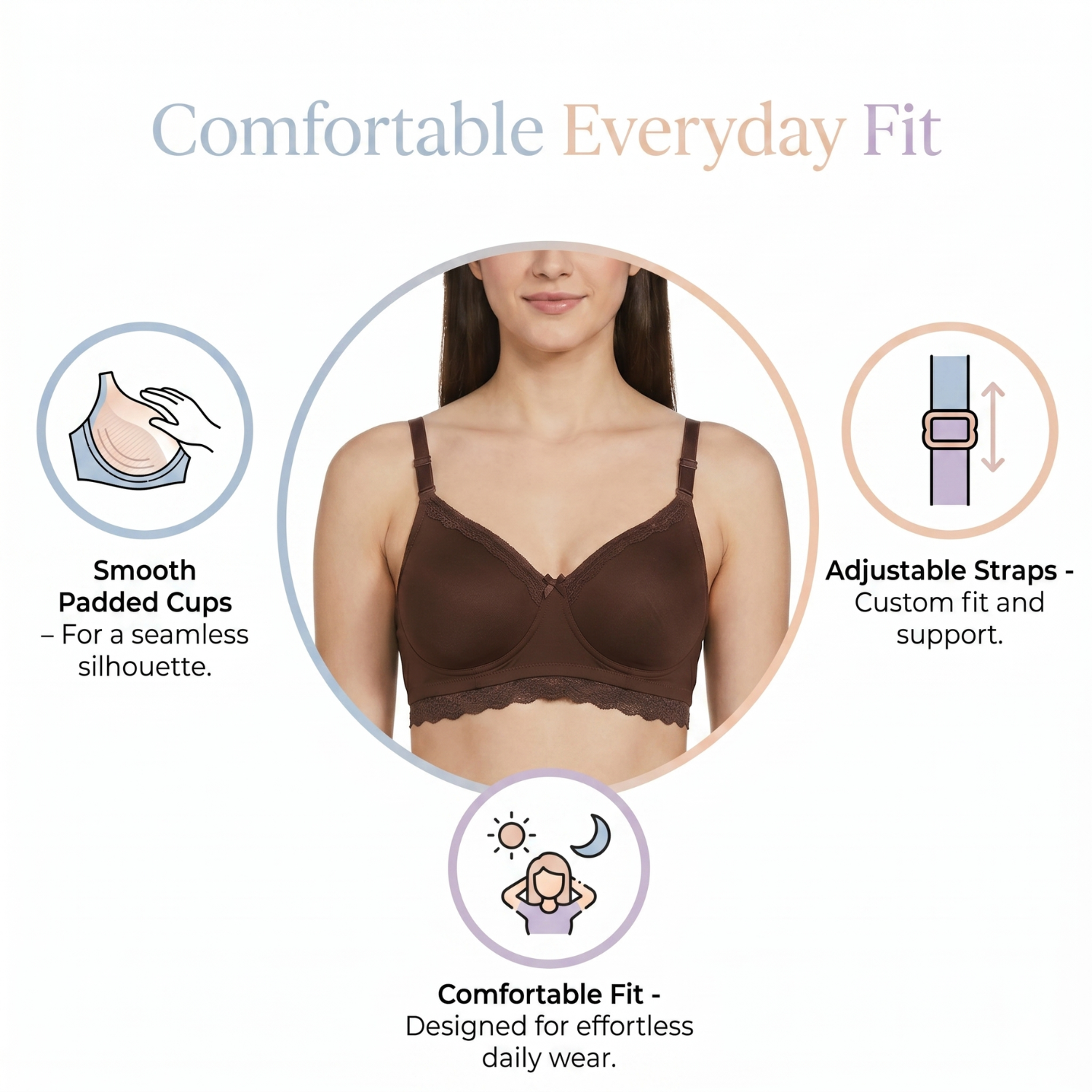 Elen Vosky Lace Design Bra for Women(Pack of 2) | Seamless Padded Bra with Lace Bottom Band | Wireless T-Shirt Bra | Comfortable Everyday Wear | Breathable Cotton Lycra Fabric